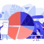 Trois personnages devant des graphiques à secteur