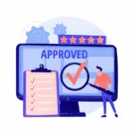 Un personnage devant un écran d'ordinateur affichant une certification