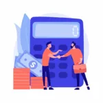 Deux personnages devant une calculatrice et des billets de banque