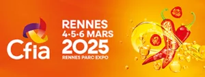 Bannière officielle du CFIA Rennes 2025, salon de l'agroalimentaire, avec logo coloré et dates de l'événement du 4 au 6 mars, accompagné d'une illustration dynamique de piments et éclaboussures d'huile sur fond orangé.