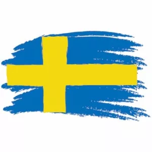Drapeau suédois bleu et jaune façon coup de pinceau, croix scandinave sur fond blanc